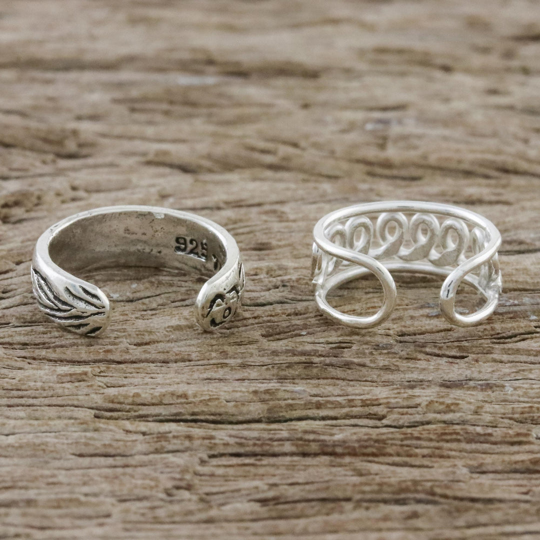 Floral and Wave Motif Sterling Silver Ear Cuffs - Dizzying Beauty