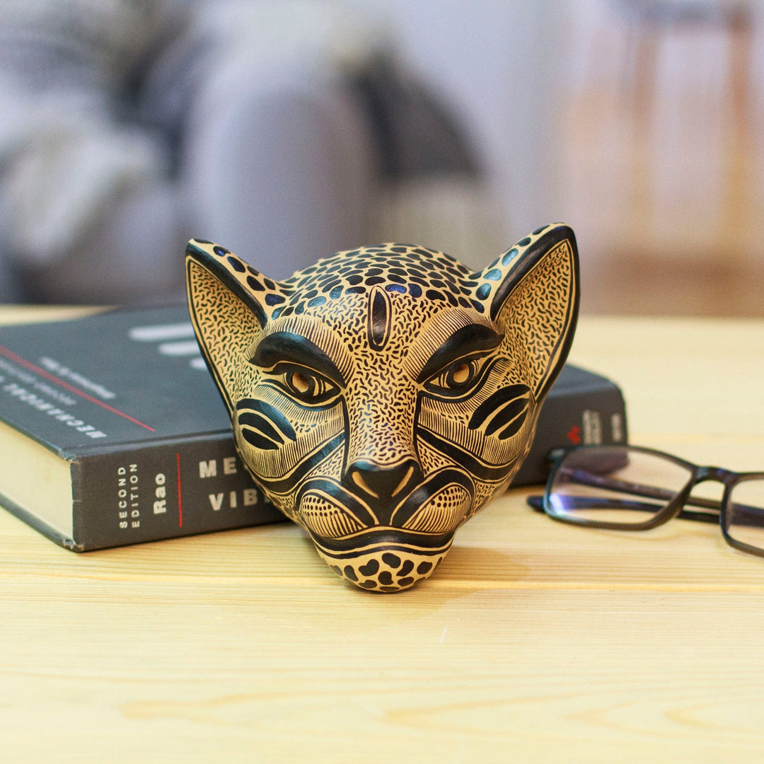 Beige and Black Ceramic Jaguar Decorative Mask Wall Art - Observant Jaguar