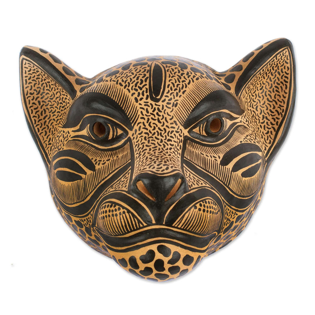 Beige and Black Ceramic Jaguar Decorative Mask Wall Art - Observant Jaguar