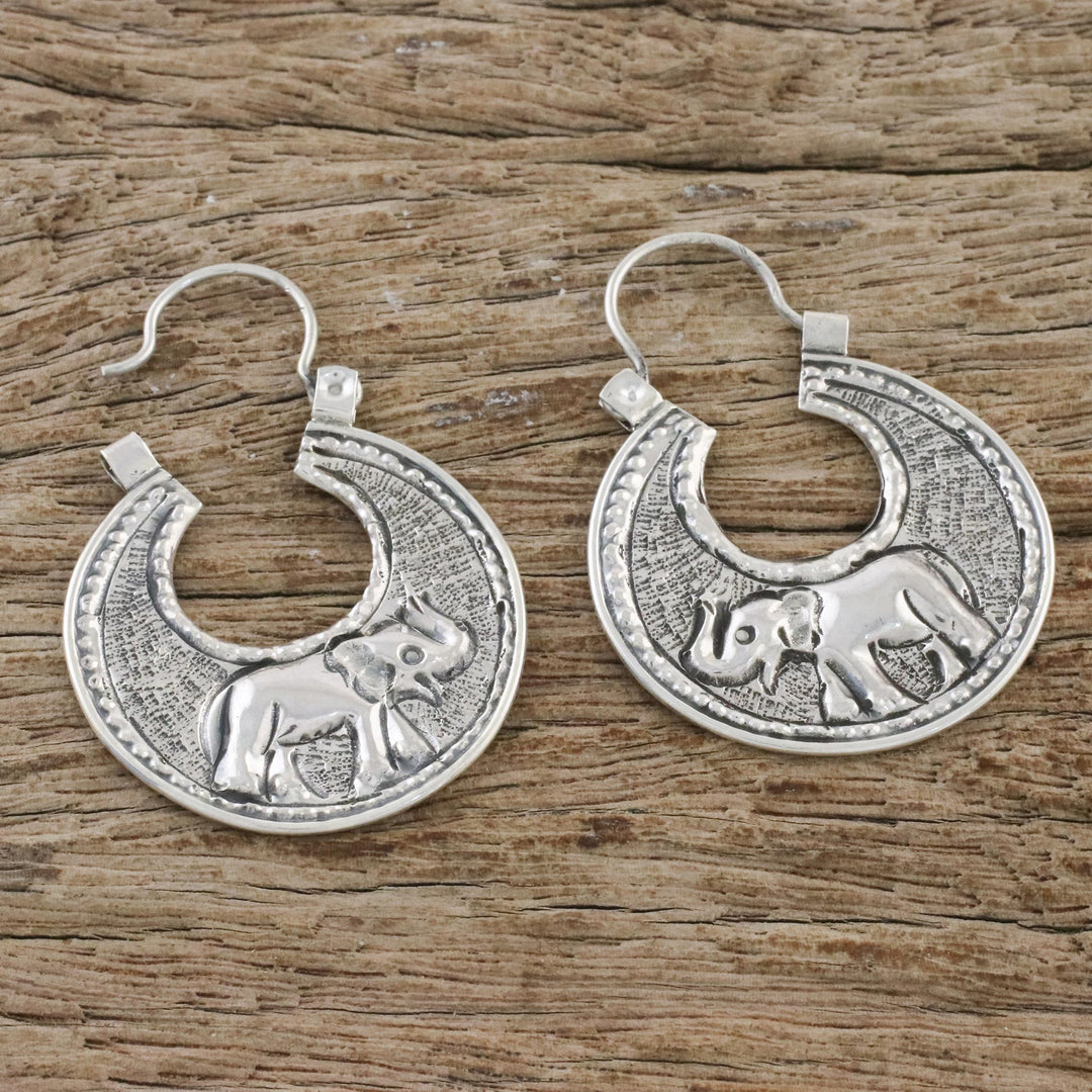 Sterling Silver Elephant Hoop Earrings from Thailand - Elephant Magic