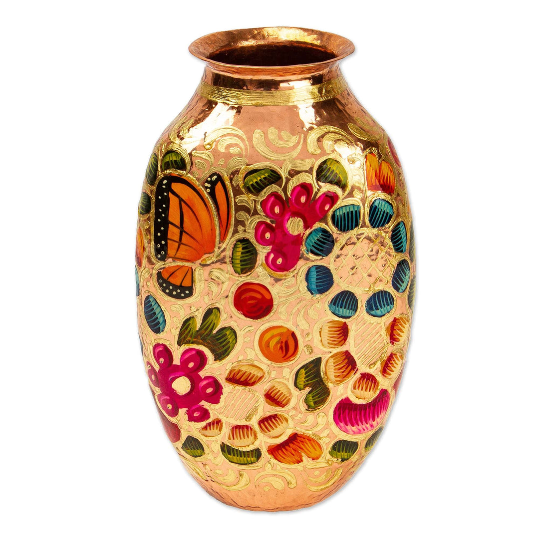 Handcrafted Copper and Gold Leaf Vase from Mexico - Butterfly Dance