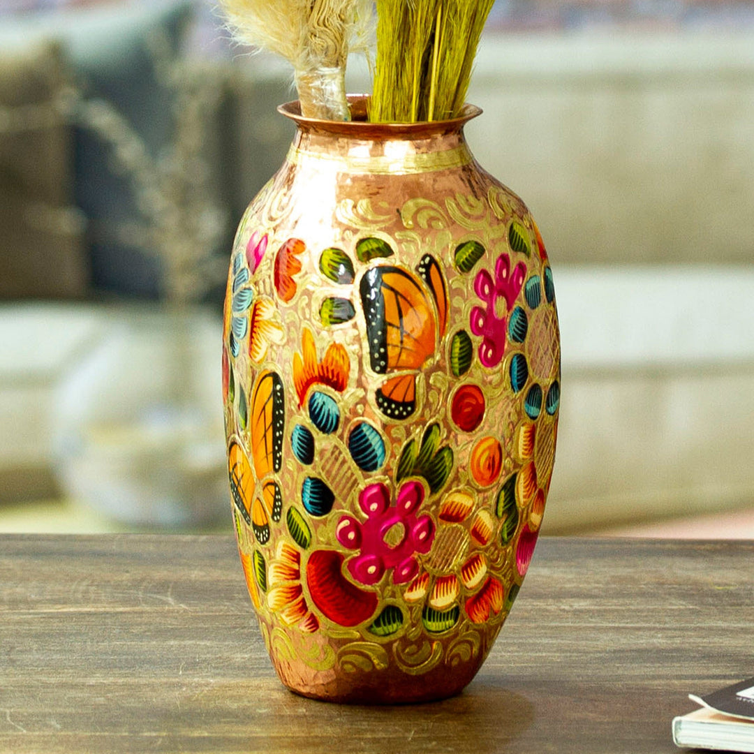 Handcrafted Copper and Gold Leaf Vase from Mexico - Butterfly Dance