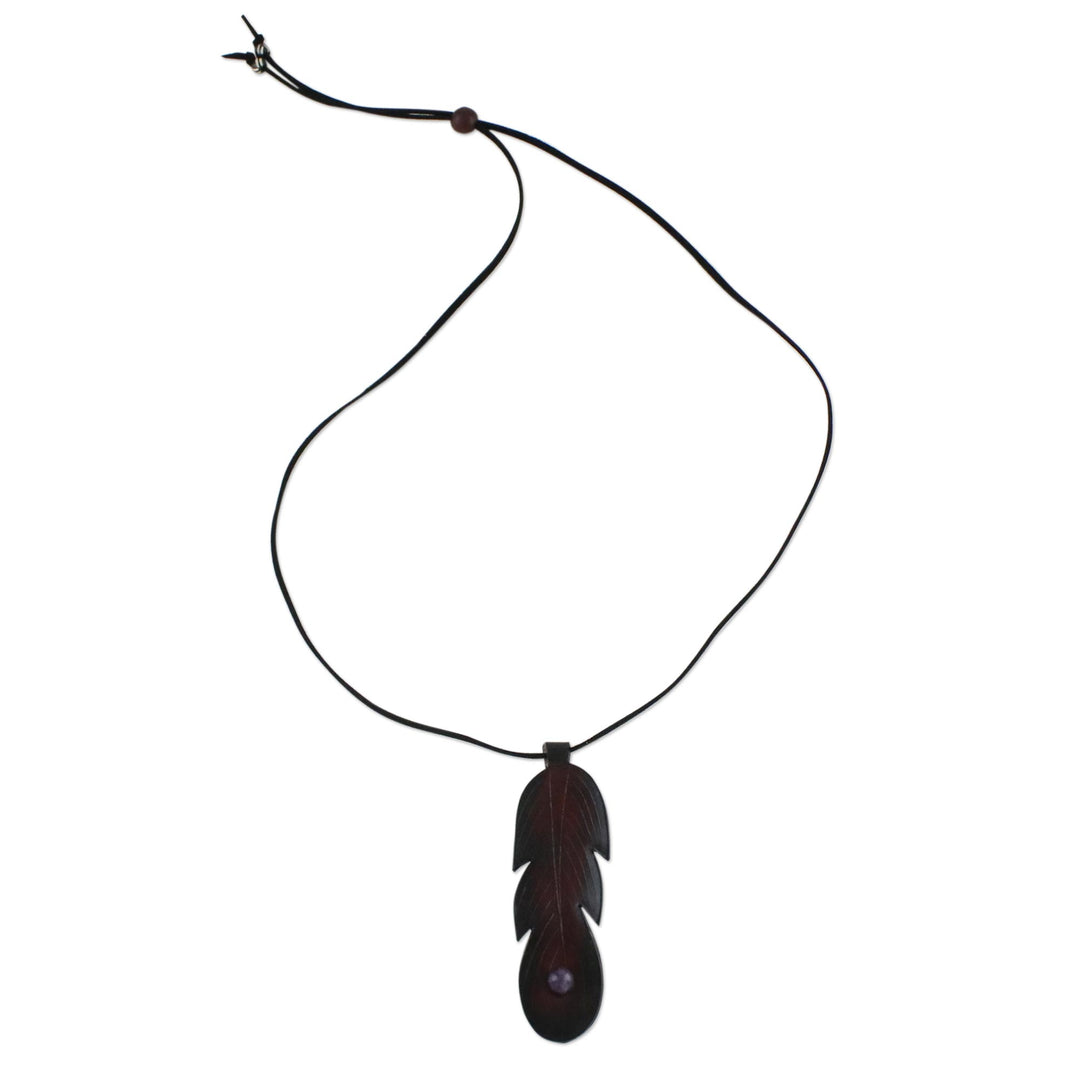 Brown Leather Feather Pendant Necklace with Amethyst - Feather Spirit