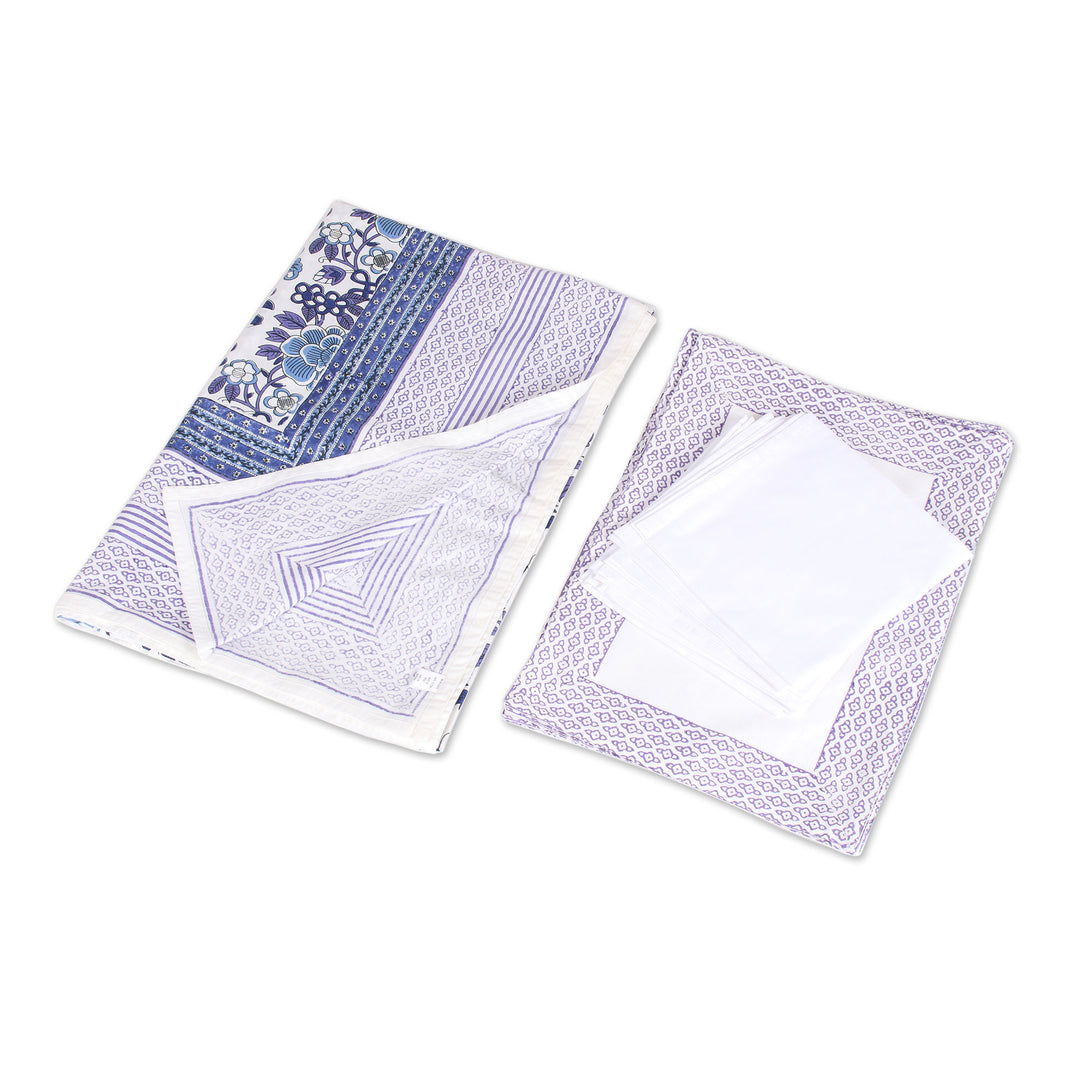 Floral Cotton Table Linen Set in Blue from India (Set for 6) - Royal Garden