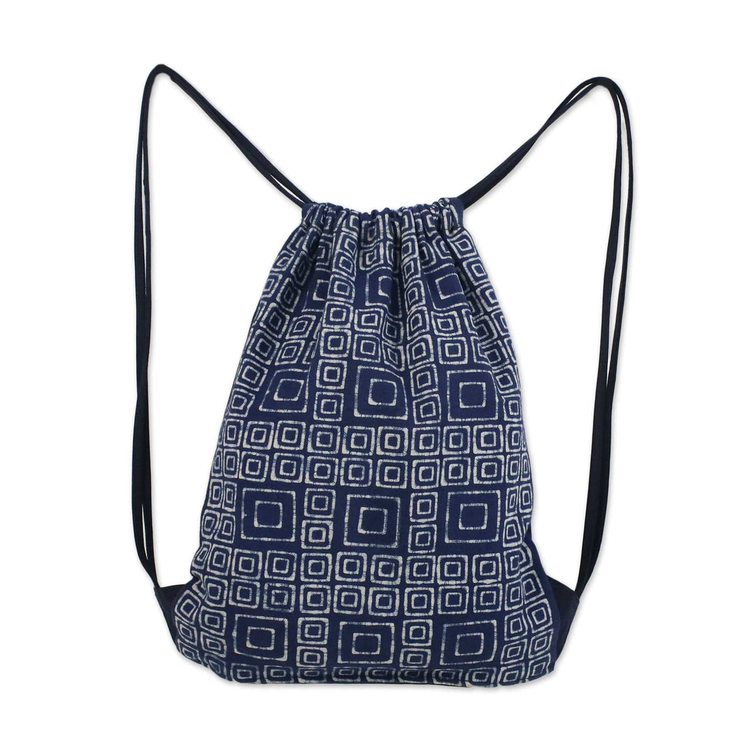 Indigo Blue Batik Cotton Square Motif Drawstring Backpack - Indigo Maze