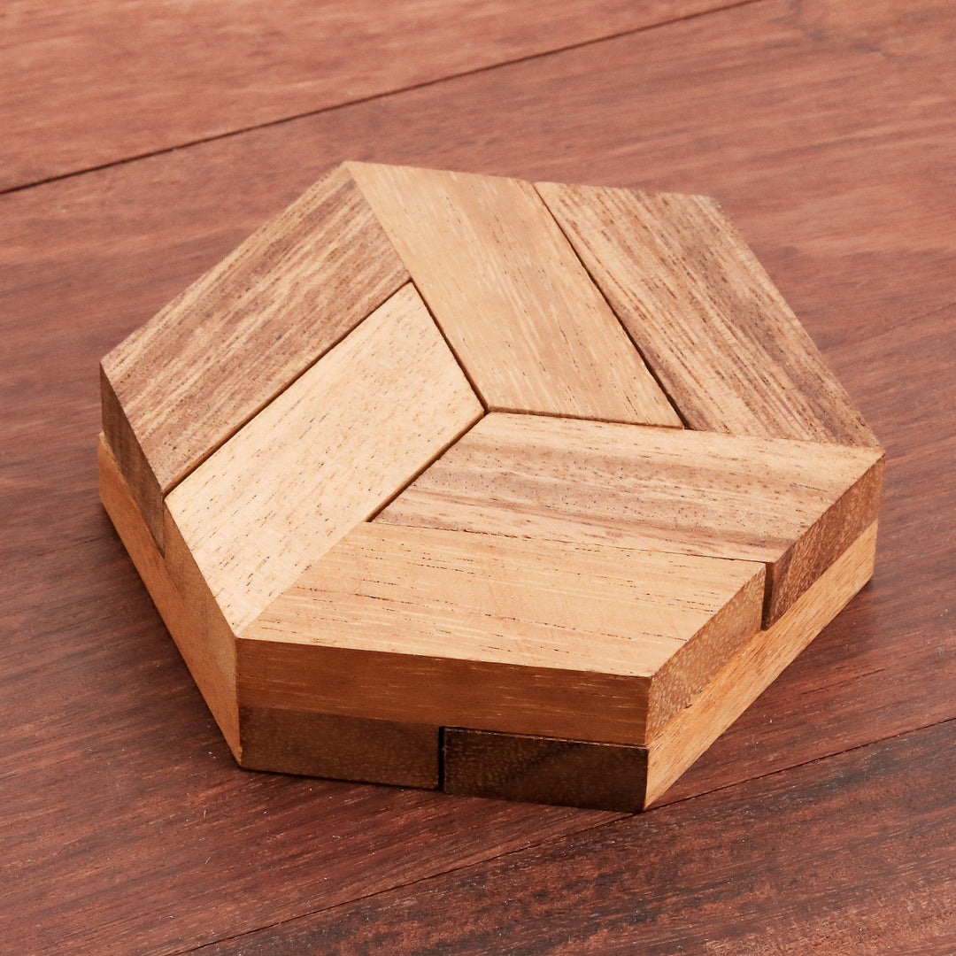 Hexagonal Raintree Wood Puzzle from Thailand - Elegant Hexagon