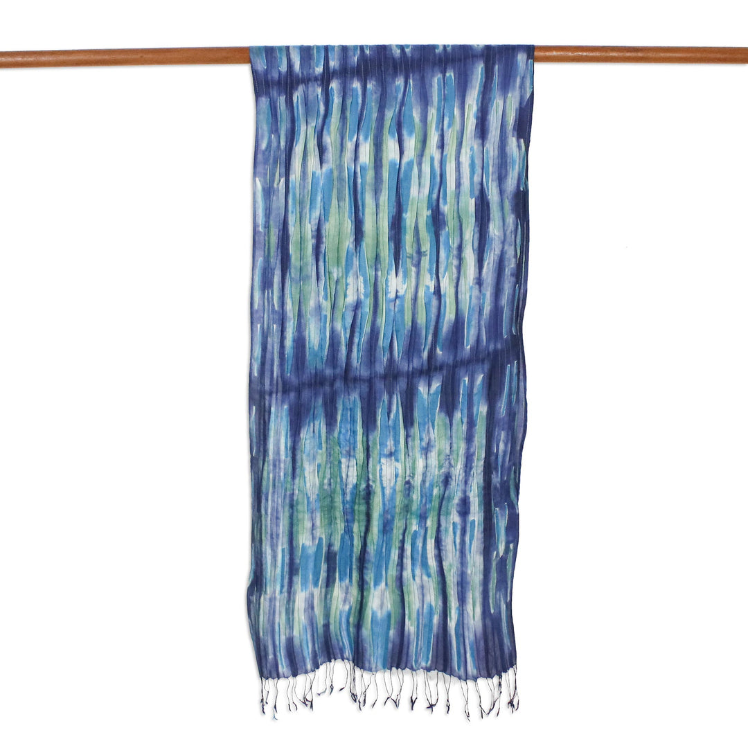 Blue and Green Tie-Dyed Silk Fringed Scarf from Thailand - Impressionist Sea