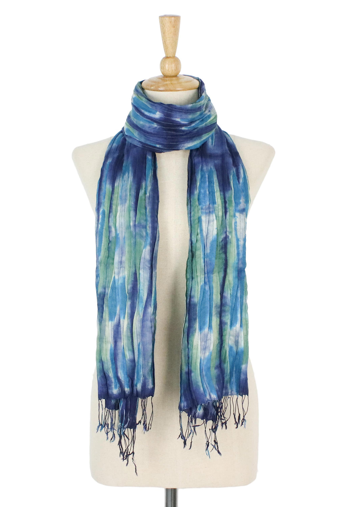 Blue and Green Tie-Dyed Silk Fringed Scarf from Thailand - Impressionist Sea