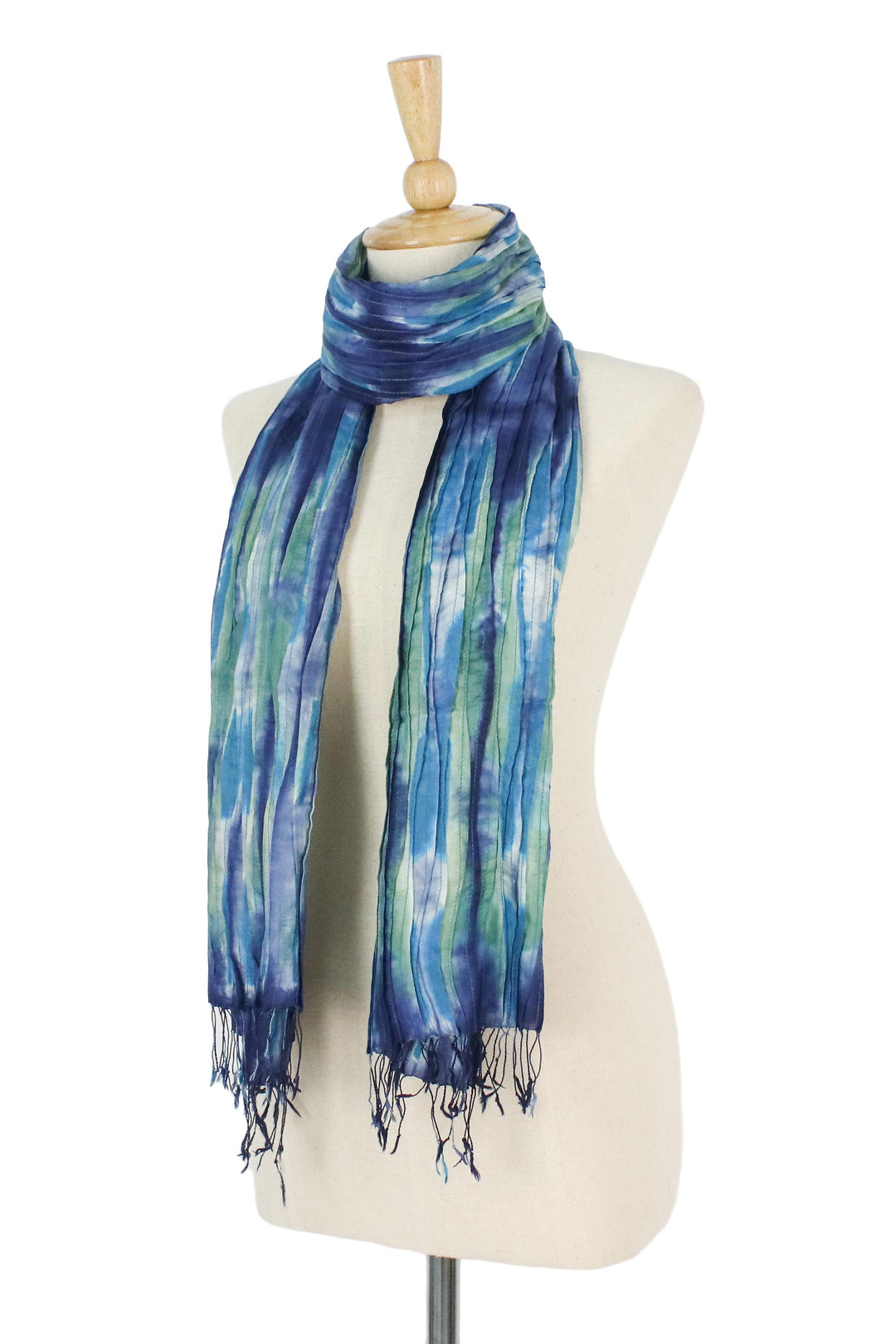 Blue and Green Tie-Dyed Silk Fringed Scarf from Thailand - Impressionist Sea