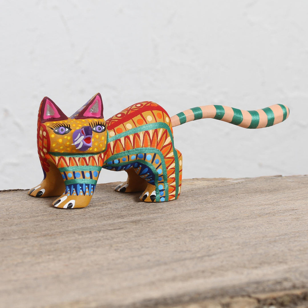 Multicolored Wood Alebrije Cat Figurine from Mexico - Walking Festive Cat