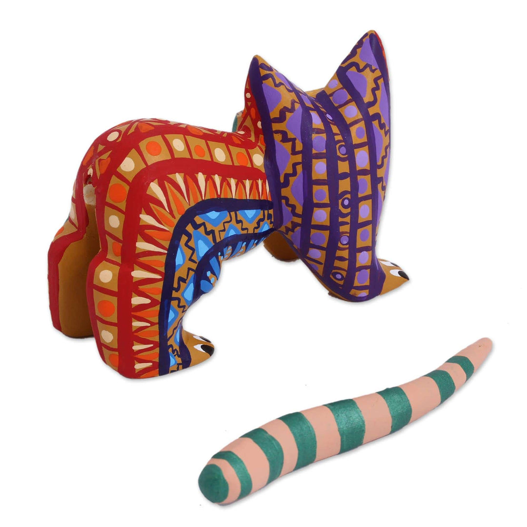 Multicolored Wood Alebrije Cat Figurine from Mexico - Walking Festive Cat