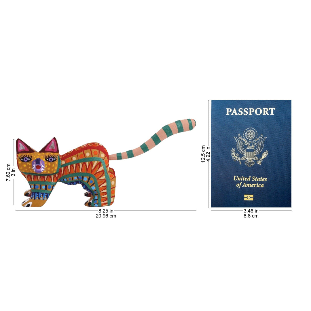 Multicolored Wood Alebrije Cat Figurine from Mexico - Walking Festive Cat