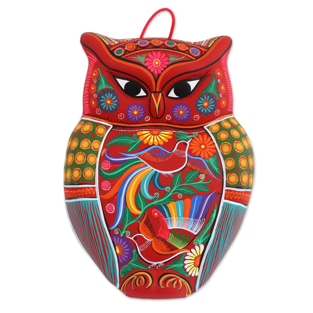 Floral Ceramic Owl Wall Sculpture in Red from Mexico - Passionate Owl