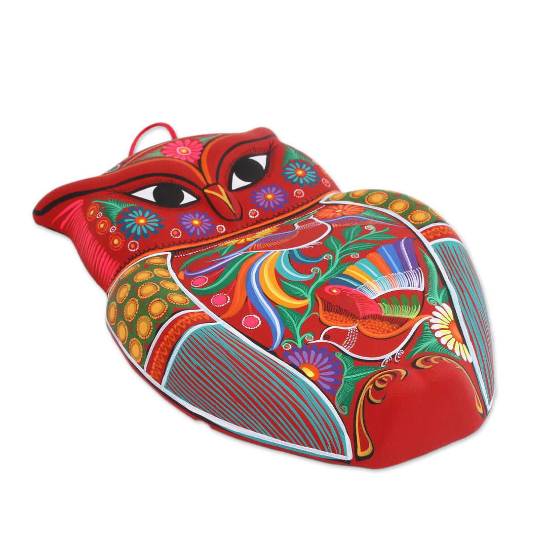 Floral Ceramic Owl Wall Sculpture in Red from Mexico - Passionate Owl