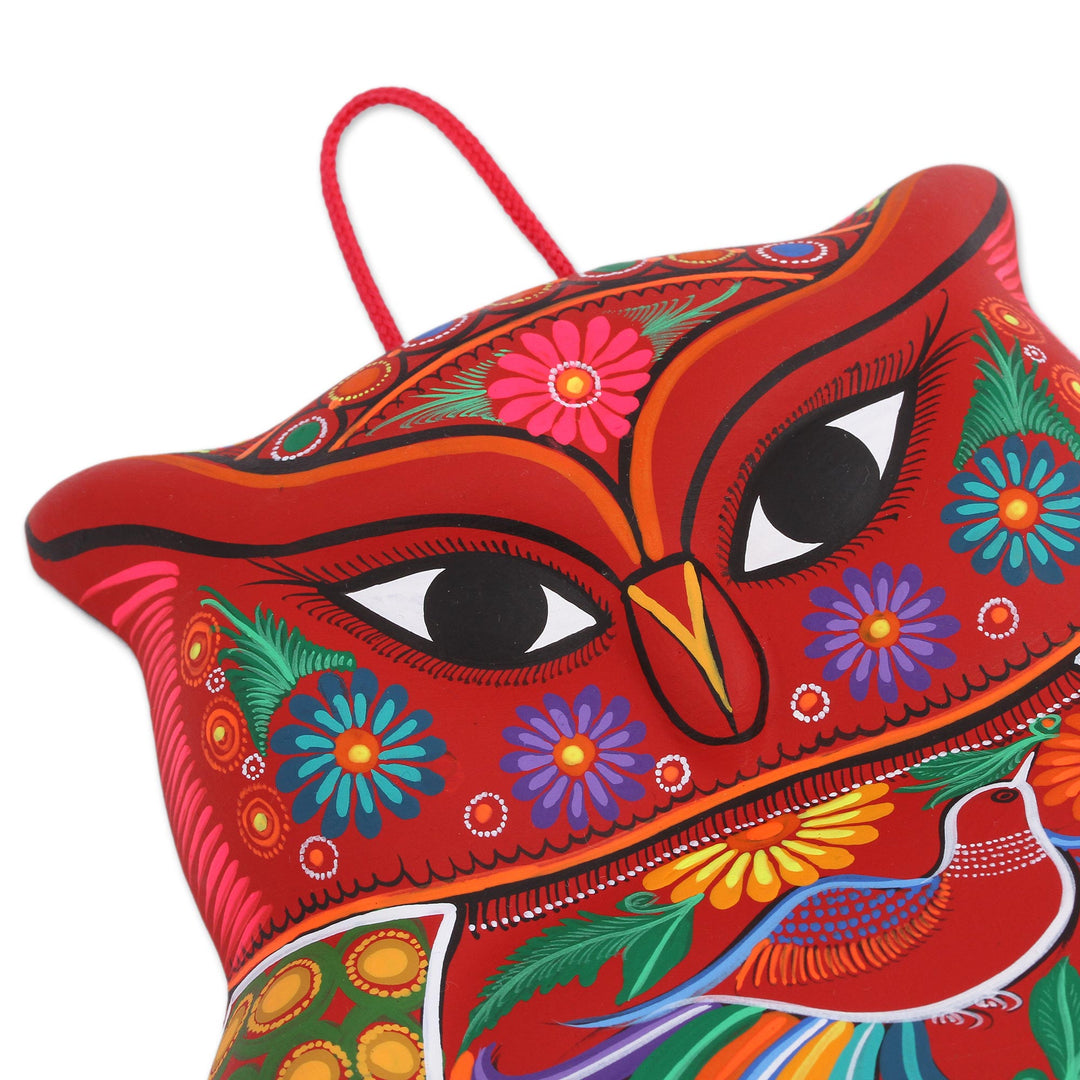 Floral Ceramic Owl Wall Sculpture in Red from Mexico - Passionate Owl