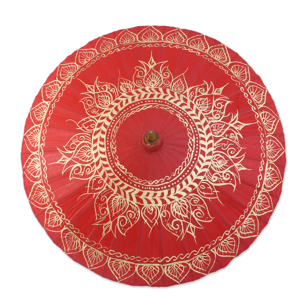 Saa Paper Parasol in Red with Gold Accents from Thailand - Motifs on Red