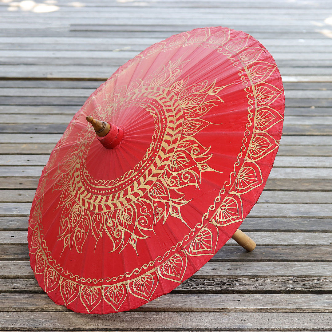 Saa Paper Parasol in Red with Gold Accents from Thailand - Motifs on Red