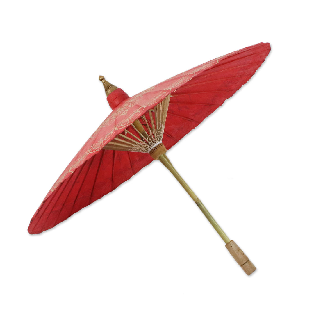Saa Paper Parasol in Red with Gold Accents from Thailand - Motifs on Red
