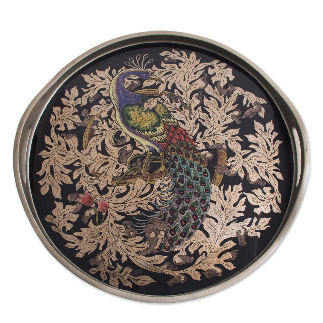 Reverse-Painted Glass Peacock Tray in Silver from Peru - Mystic Peacock in Silver
