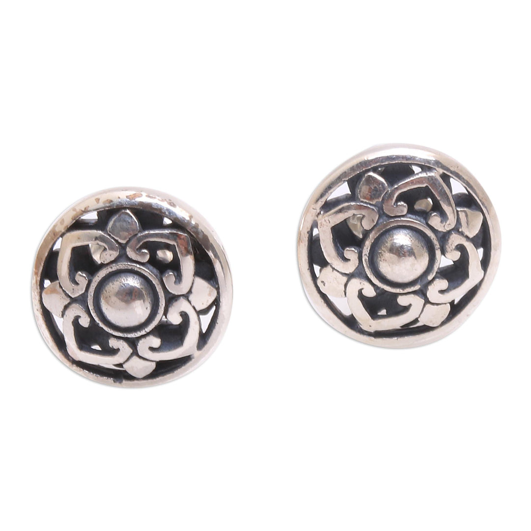 Handcrafted Round Sterling Silver Lotus Flower Stud Earrings - Lotus Kingdom