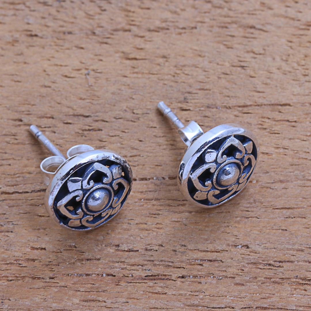 Handcrafted Round Sterling Silver Lotus Flower Stud Earrings - Lotus Kingdom