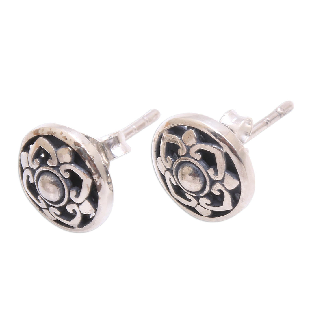 Handcrafted Round Sterling Silver Lotus Flower Stud Earrings - Lotus Kingdom