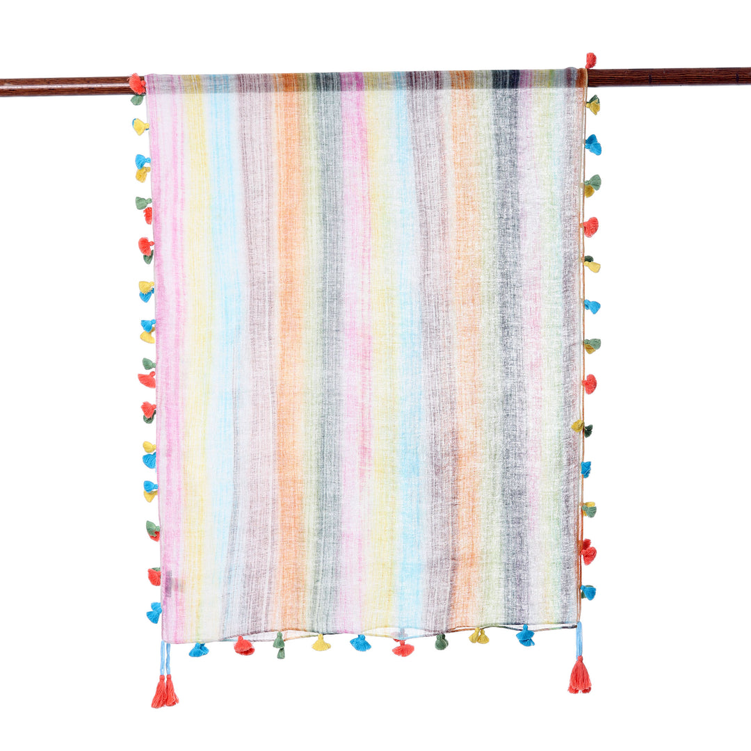 Lightweight Rainbow Striped Linen Shawl from India - Delightful Stripes in Rainbow