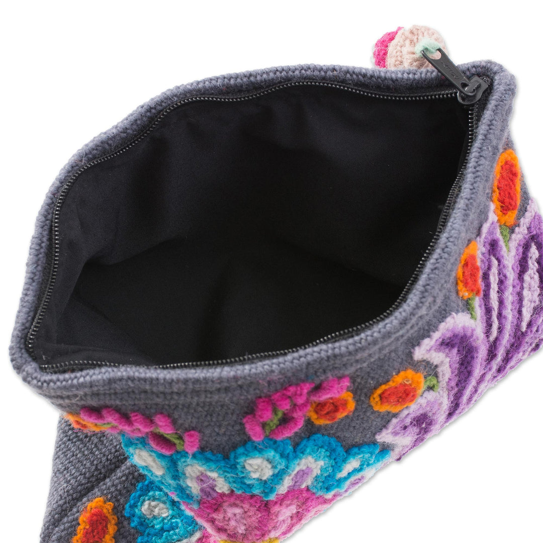 Embroidered Floral Alpaca Clutch in Slate from Peru - Midnight Delight
