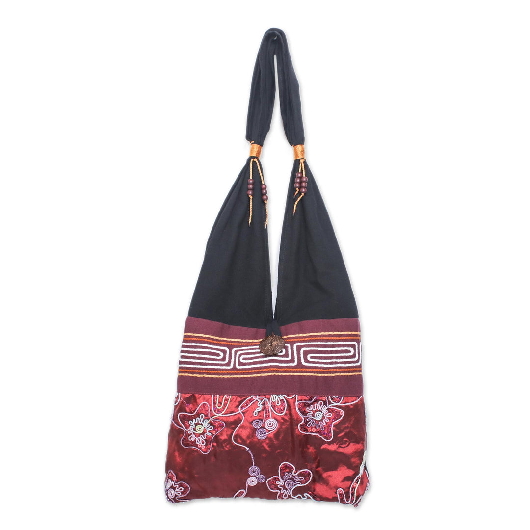 Black and Red Cotton with Floral Pattern Shoulder Bag - Glittering Red Flower