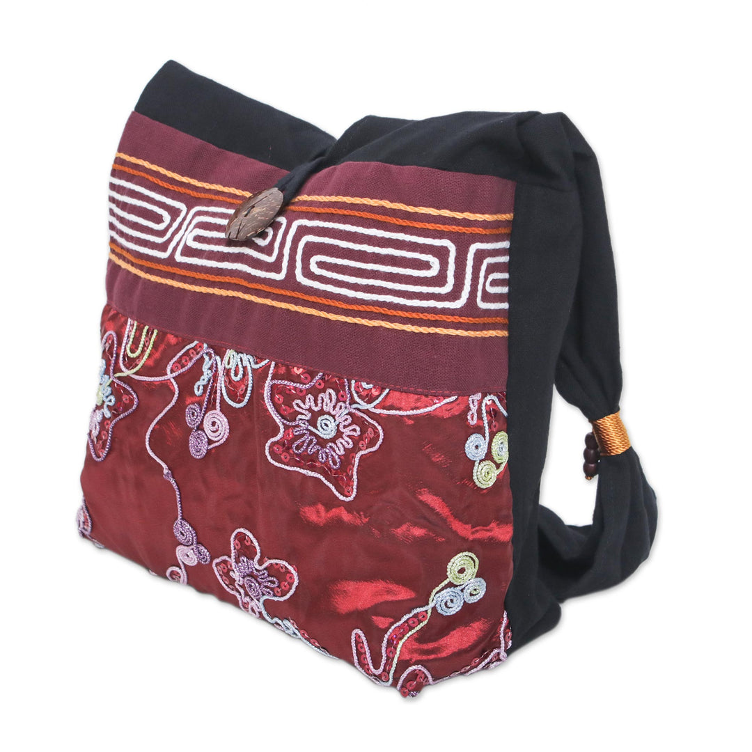 Black and Red Cotton with Floral Pattern Shoulder Bag - Glittering Red Flower