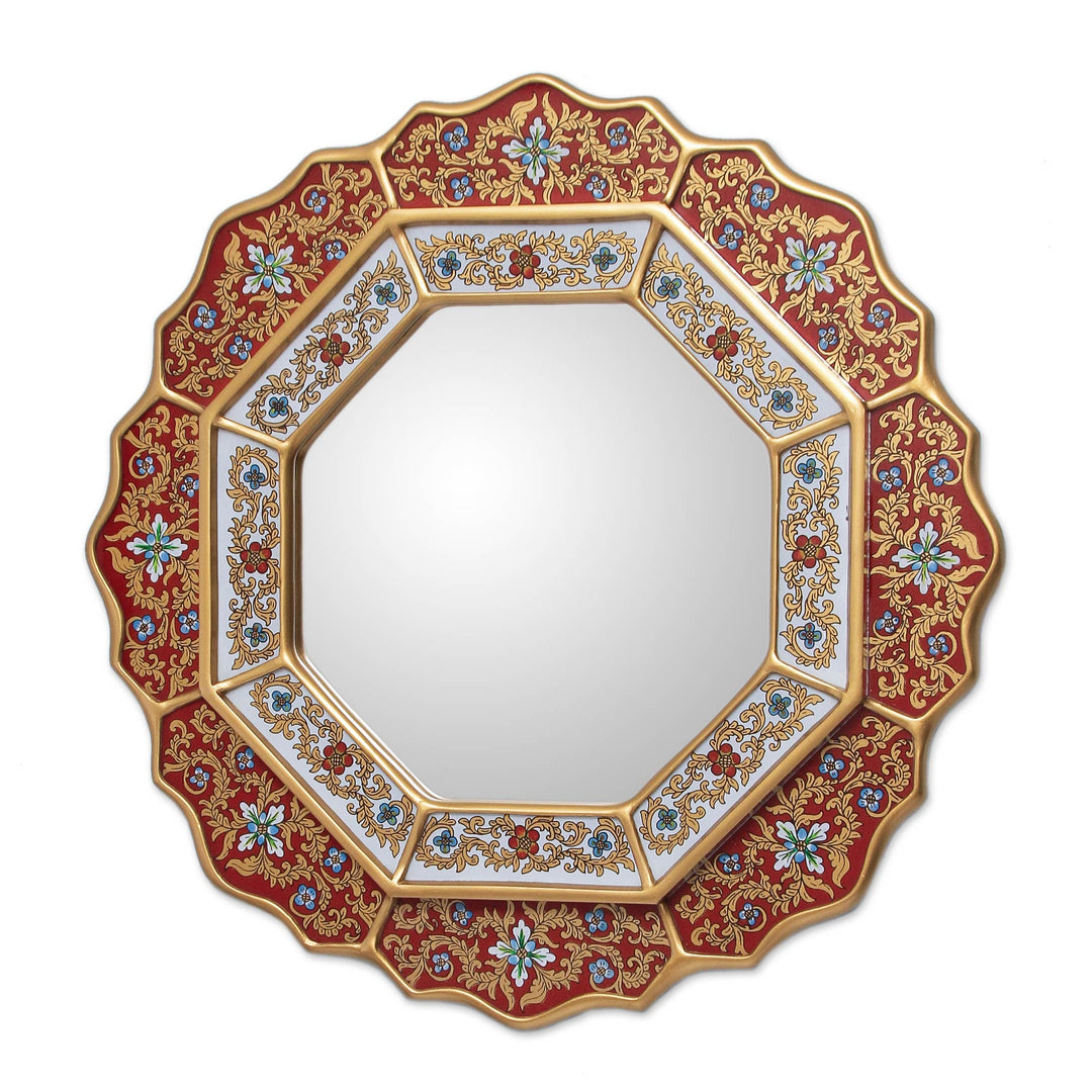 Collectible Floral Peruvian Reverse Painted Glass Mirror - Red Star