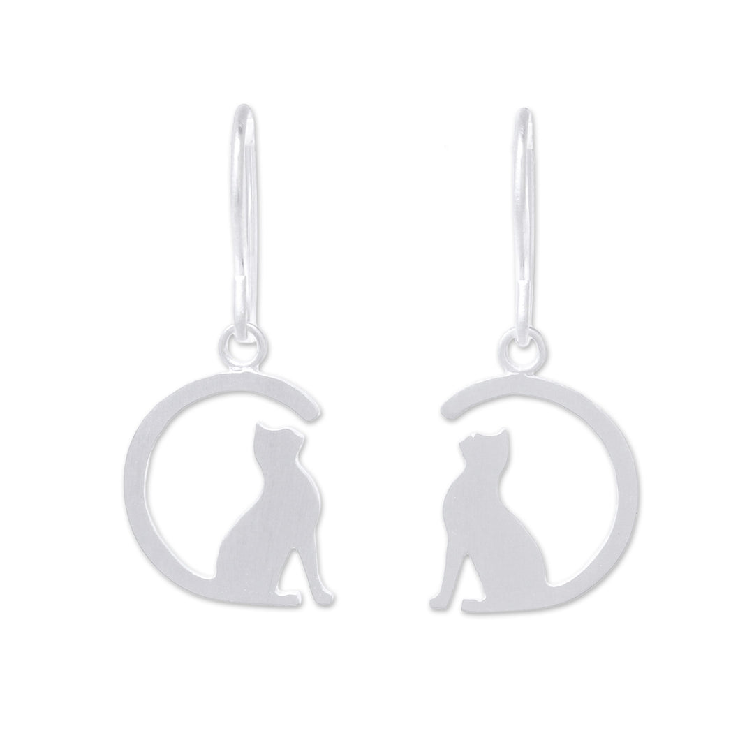 Sterling Silver Cat Dangle Earrings from Thailand - Long-Tailed Cat
