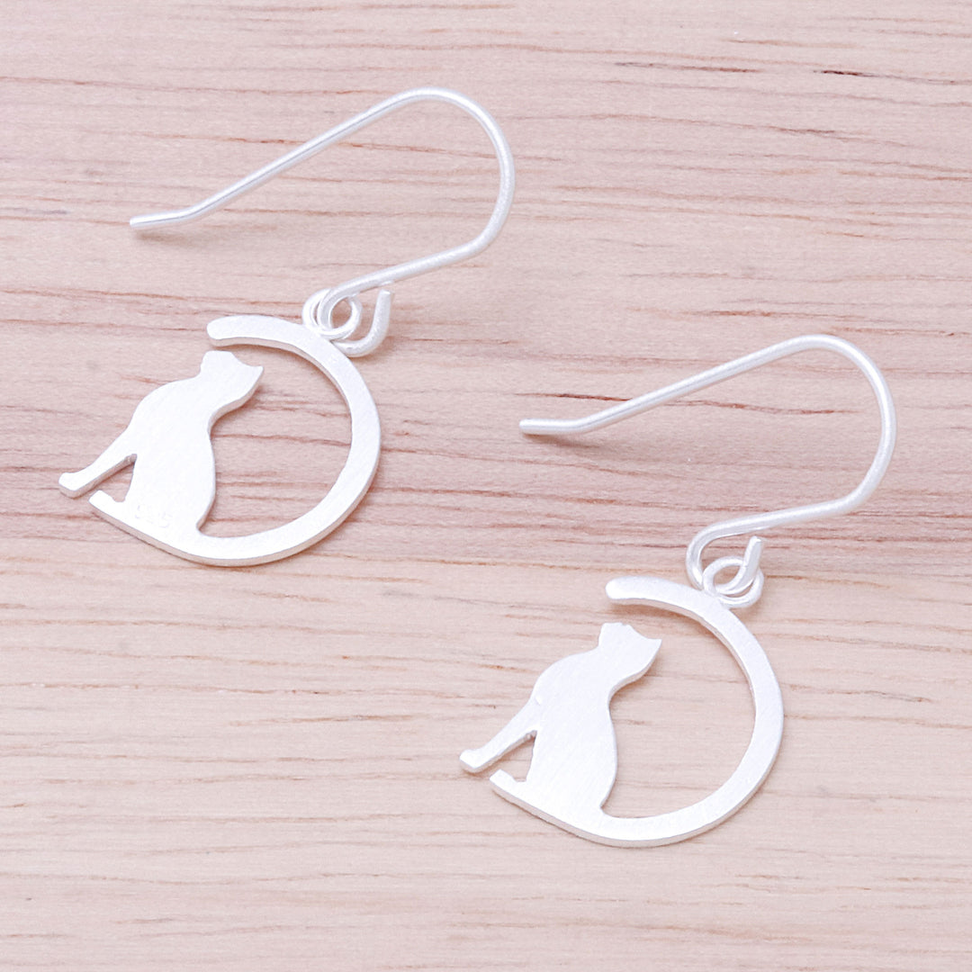 Sterling Silver Cat Dangle Earrings from Thailand - Long-Tailed Cat