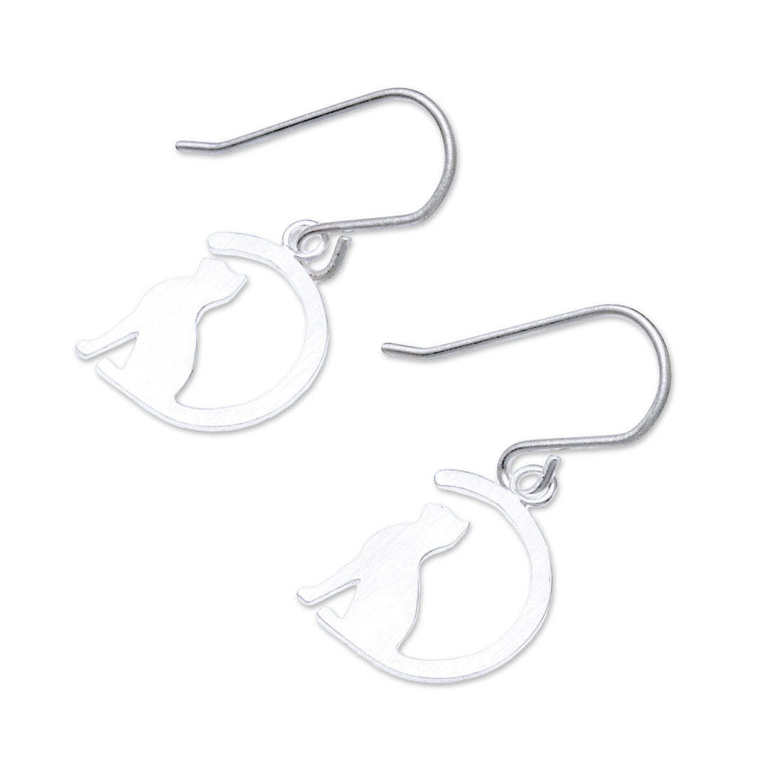 Sterling Silver Cat Dangle Earrings from Thailand - Long-Tailed Cat
