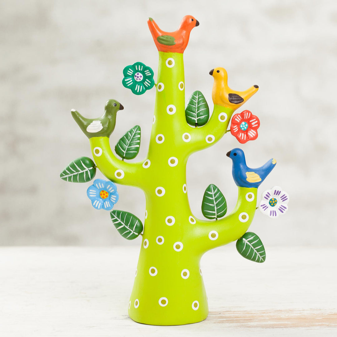 Hand-Painted Ceramic Dove Tree Sculpture in Green from Peru - Green Tree of Life