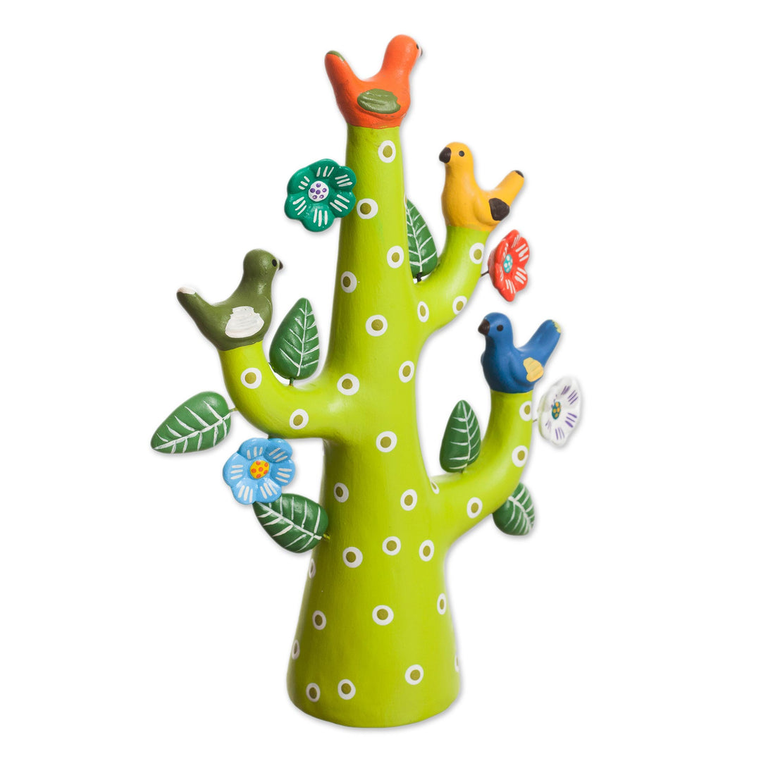 Hand-Painted Ceramic Dove Tree Sculpture in Green from Peru - Green Tree of Life