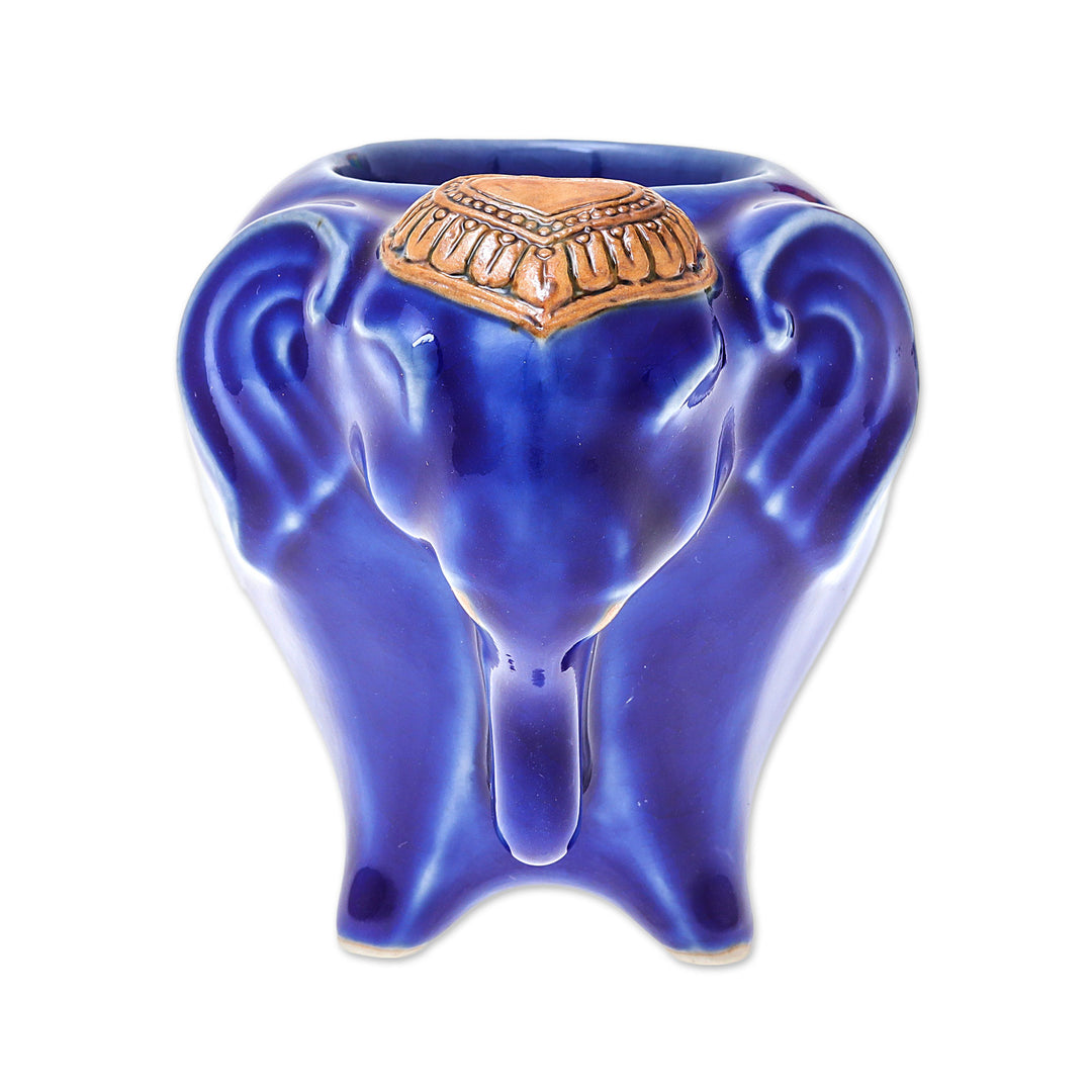 Handcrafted Ceramic Elephant Tealight Holder in Blue - Serene Elephant