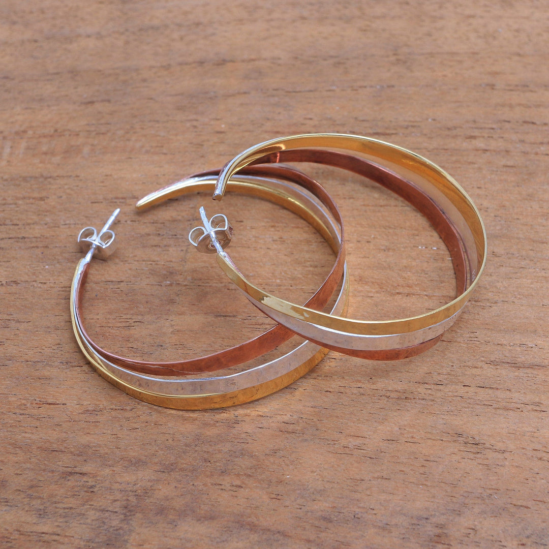 Gold Accent Sterling Silver Half-Hoop Earrings from Bali - Metallic Rainbow