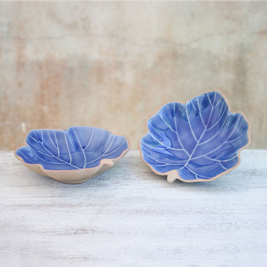 Leaf-Shaped Blue Ceramic Serving Bowls from Thailand (Pair) - Ivy Leaves