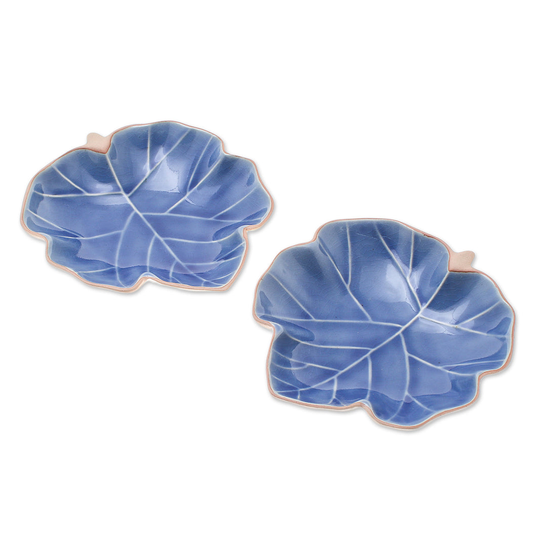 Leaf-Shaped Blue Ceramic Serving Bowls from Thailand (Pair) - Ivy Leaves