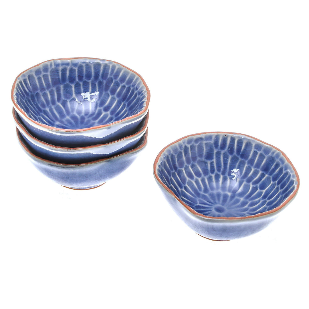 Blue Ceramic Appetizer Bowls from Thailand (Set of 4) - Sunflower Dream