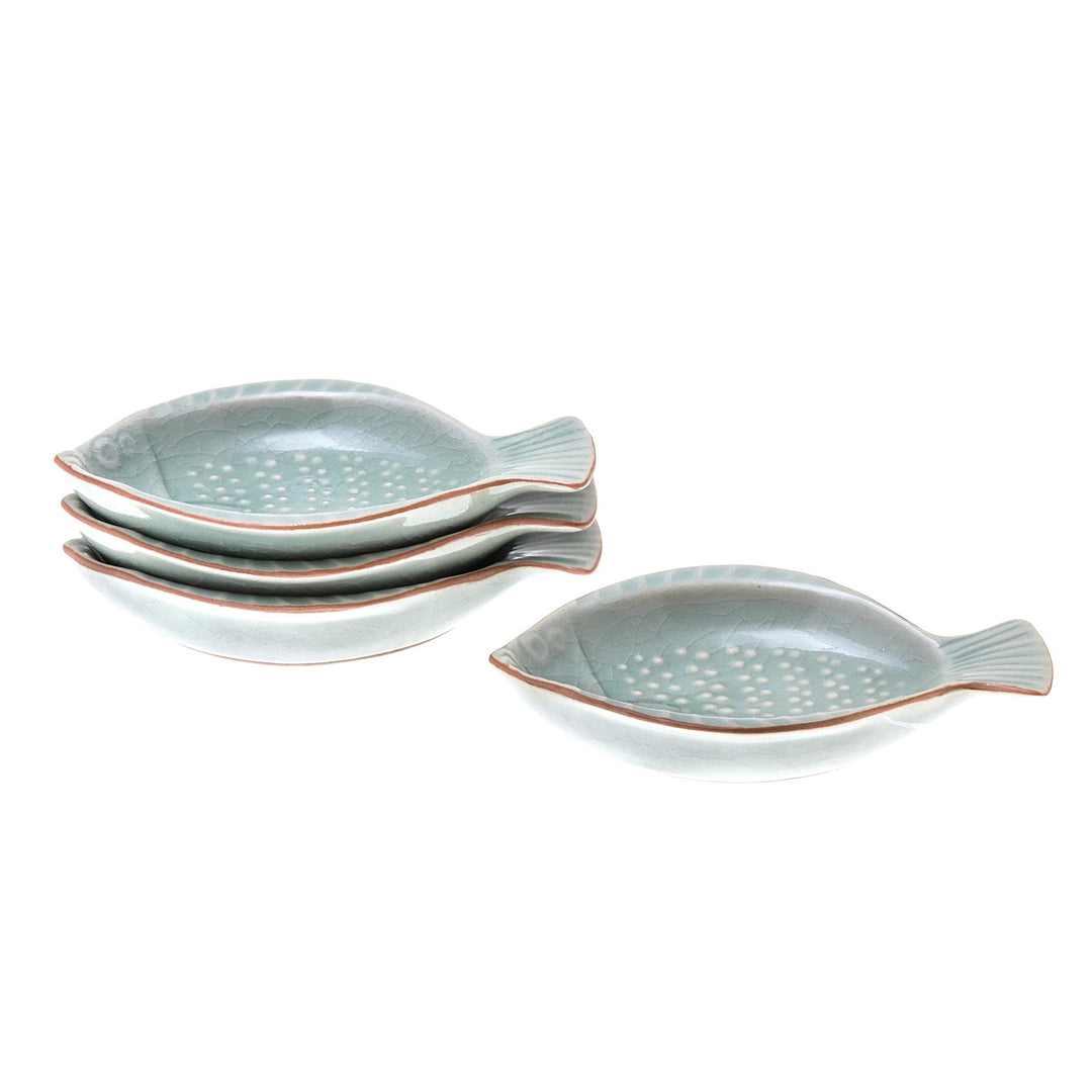 Handcrafted Celadon Ceramic Fish Appetizer Dishes (Set of 4) - Spotted Swimmers
