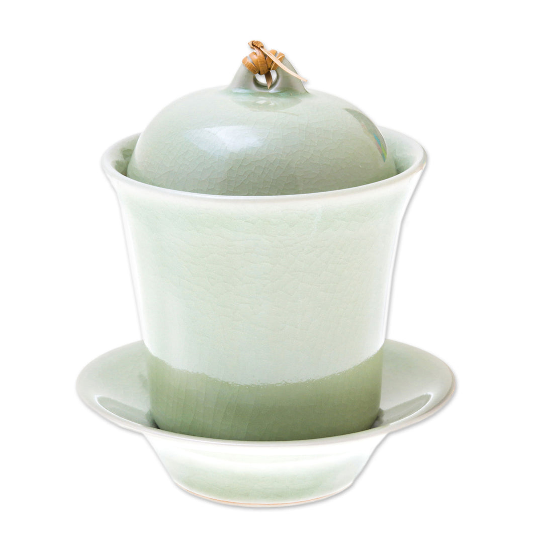 Handcrafted Celadon Green Ceramic Soup Cup Lid Saucer Set - Cup of Comfort in Green