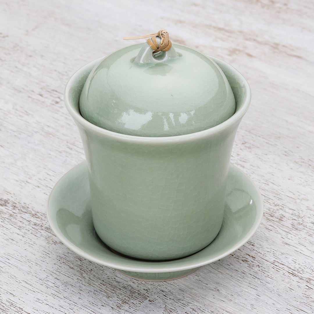 Handcrafted Celadon Green Ceramic Soup Cup Lid Saucer Set - Cup of Comfort in Green