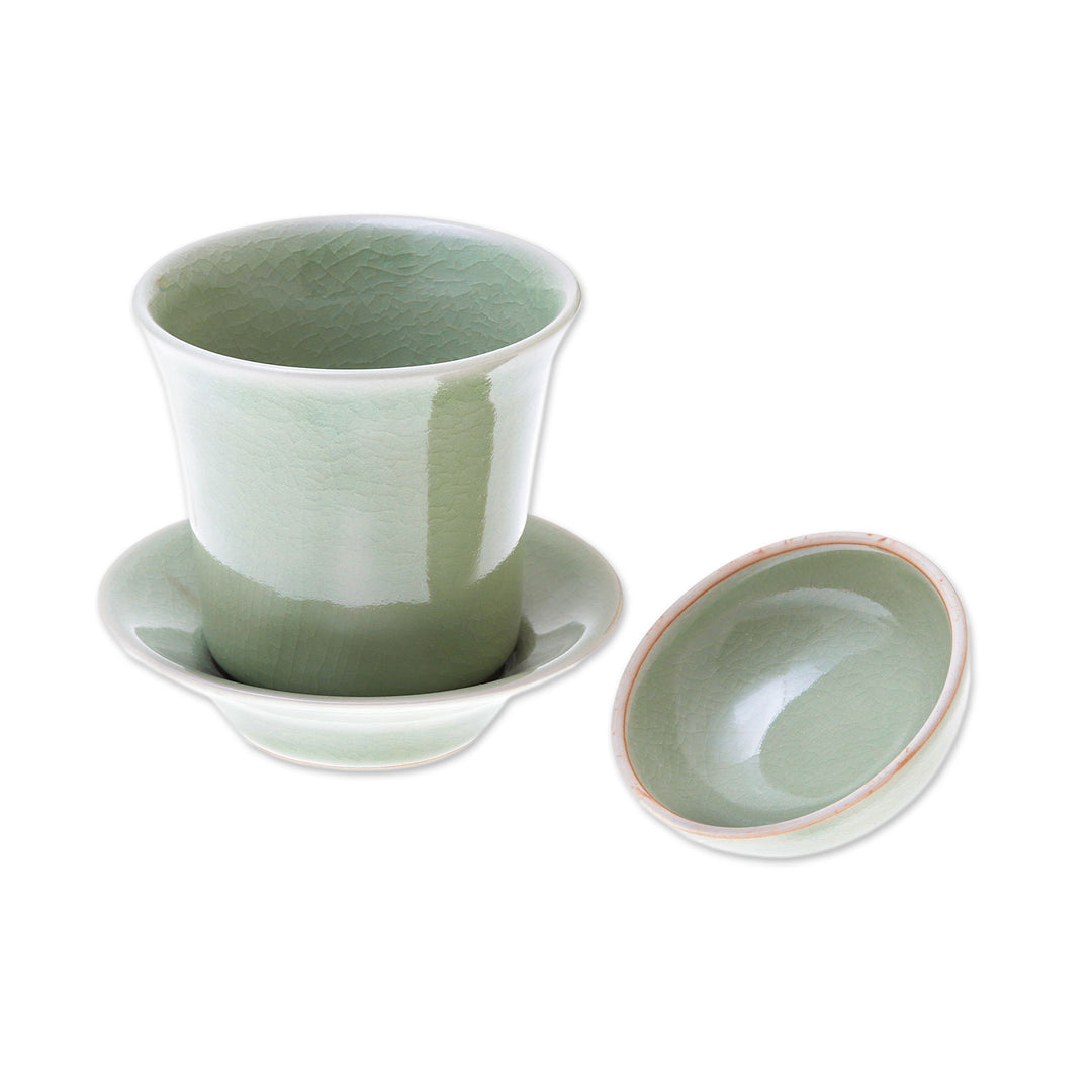 Handcrafted Celadon Green Ceramic Soup Cup Lid Saucer Set - Cup of Comfort in Green