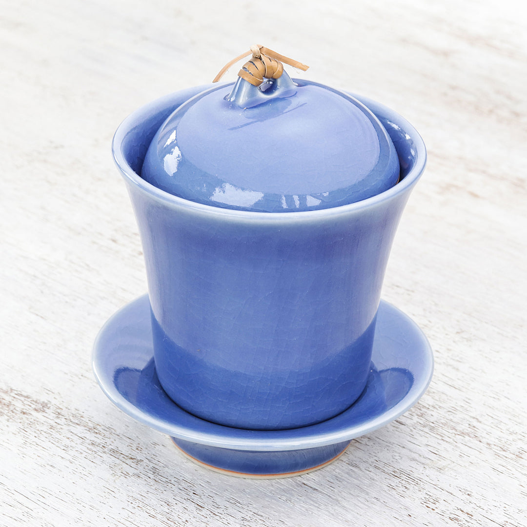 Handcrafted Blue Ceramic Soup Cup Set with Lid and Saucer - Cup of Comfort in Blue