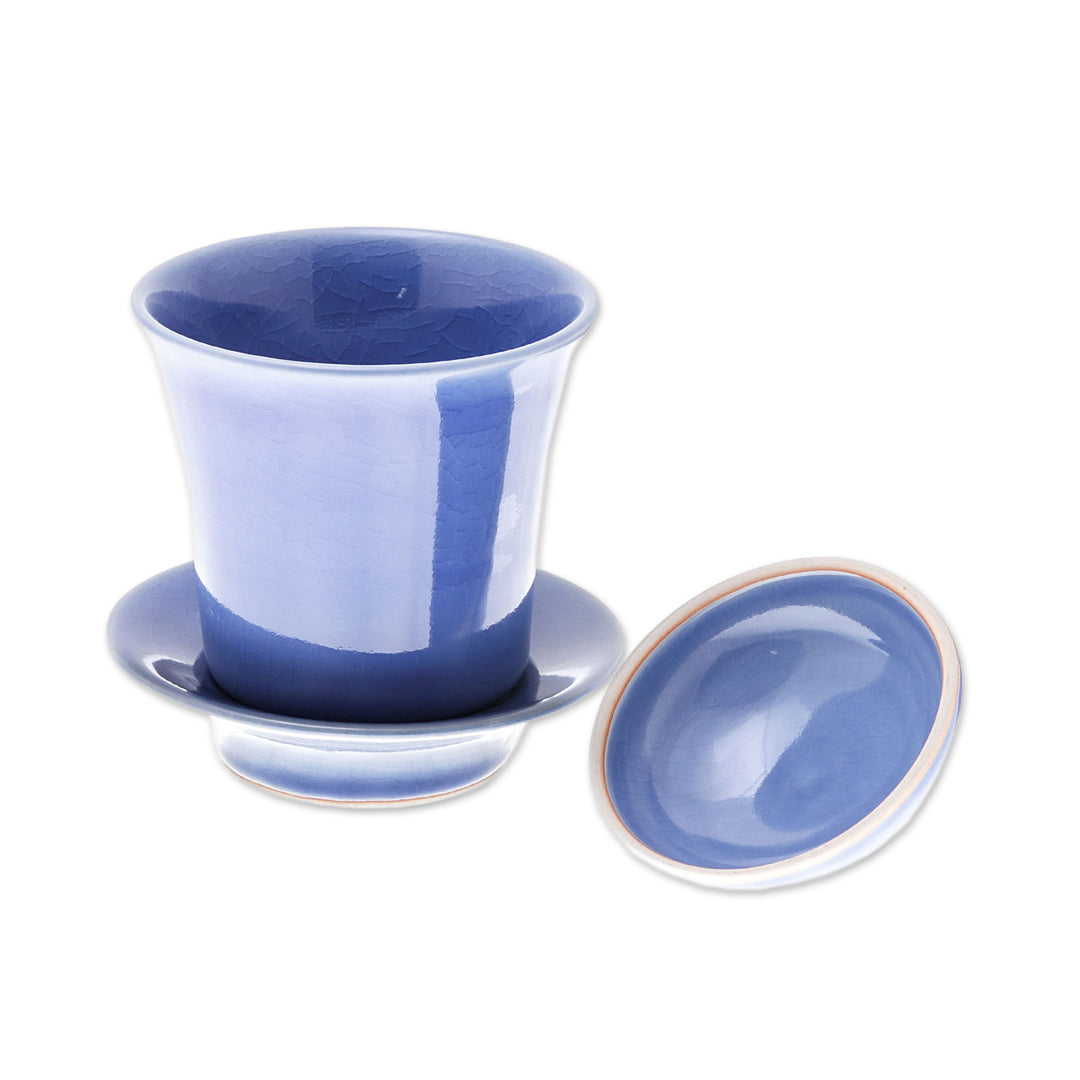 Handcrafted Blue Ceramic Soup Cup Set with Lid and Saucer - Cup of Comfort in Blue