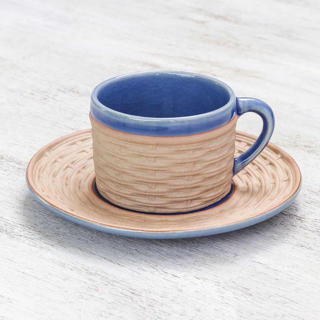 Handcrafted Wicker Motif Blue Ceramic Cup and Saucer - Wicker in Blue