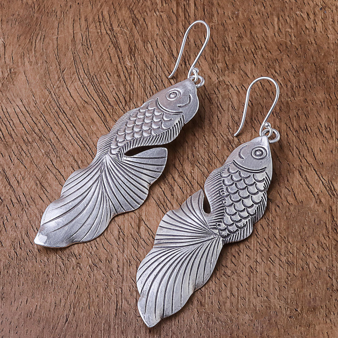 Sterling Silver Goldfish Dangle Earrings from Thailand - Goldfish Bliss