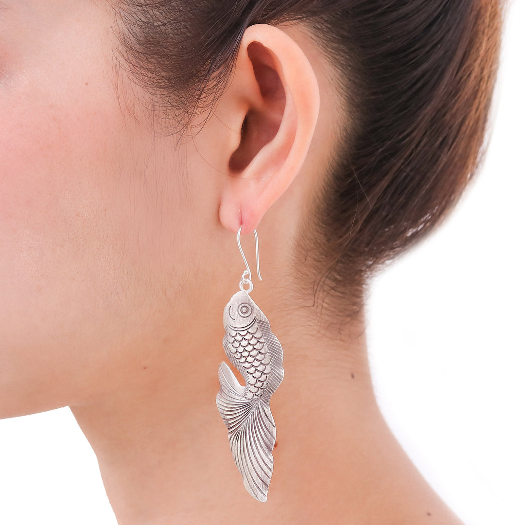 Sterling Silver Goldfish Dangle Earrings from Thailand - Goldfish Bliss